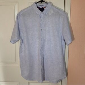 Denim and Flower Blue Collared Button Down Polo Shirt with Short Sleeves | Large